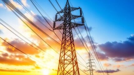 Detailed shot of an electricity transmission tower with power lines extending into the distance, highlighting the structural complexity and scale of the infrastructure.