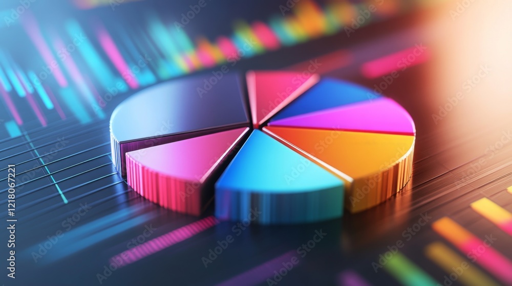 Poster detailed shot of a d pie chart with rotating segments, illustrating a dynamic data analysis with a f
