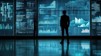 Businessman analyzing data on large digital screens.