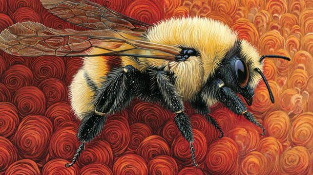Detailed bee on a vibrant colorful background showcasing intricate patterns and textures