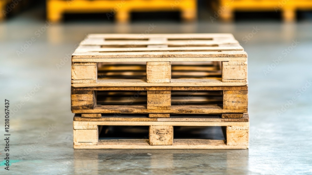Poster wooden pallets are stacked neatly in a spacious warehouse, emphasizing organization and efficiency i