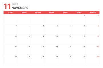 Calendario 2025. La settimana del calendario 2025 inizia il lunedì. Calendario aziendale minimalista per Novembre 2025