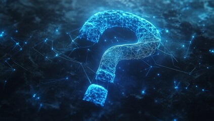 Glowing digital question mark on dark background.