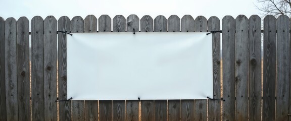 Wooden fence with blank white banner tied with black strings in front of the sky and trees. outdoor events, promotional campaigns, real estate signage. Opportunity. Simplicity. Blank canvas for creati