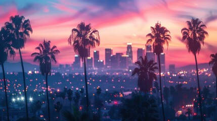 Obraz premium Stunning sunset casts vibrant hues over Los Angeles skyline, framed by tall palm trees, creating a picturesque urban landscape