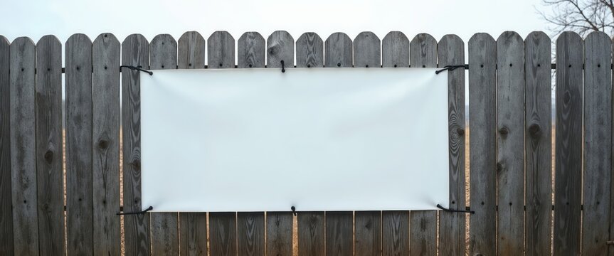 Wooden fence with blank white banner tied with black strings in front of the sky and trees. outdoor events, promotional campaigns, real estate signage. Opportunity. Simplicity. Blank canvas for creati