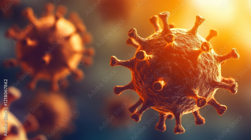 Poster close-up view reveals the complex structure of a virus, showcasing its spikes and morphology under m