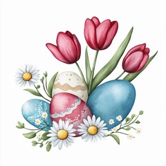 Easter Delight: A charming watercolor illustration featuring pastel Easter eggs nestled amongst vibrant tulips and delicate daisies, perfect for spring celebrations and Easter greetings. 