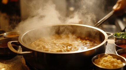 Detailed shot of a hot pot with various dipping sauces on the side, capturing the steam and sizzling ingredients as they cook in the pot.