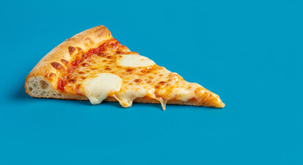 A close-up of a greasy cheesy pizza slice with oozing mozzarella on a vibrant blue background with negative space for text or graphics, ideal for minimalistic and visually appealing designs