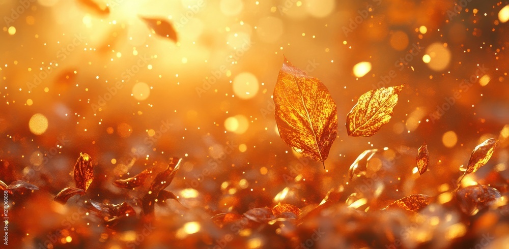 Aufkleber golden leaves floating in soft autumn light with bokeh effect creating a dreamy atmosphere in a natu