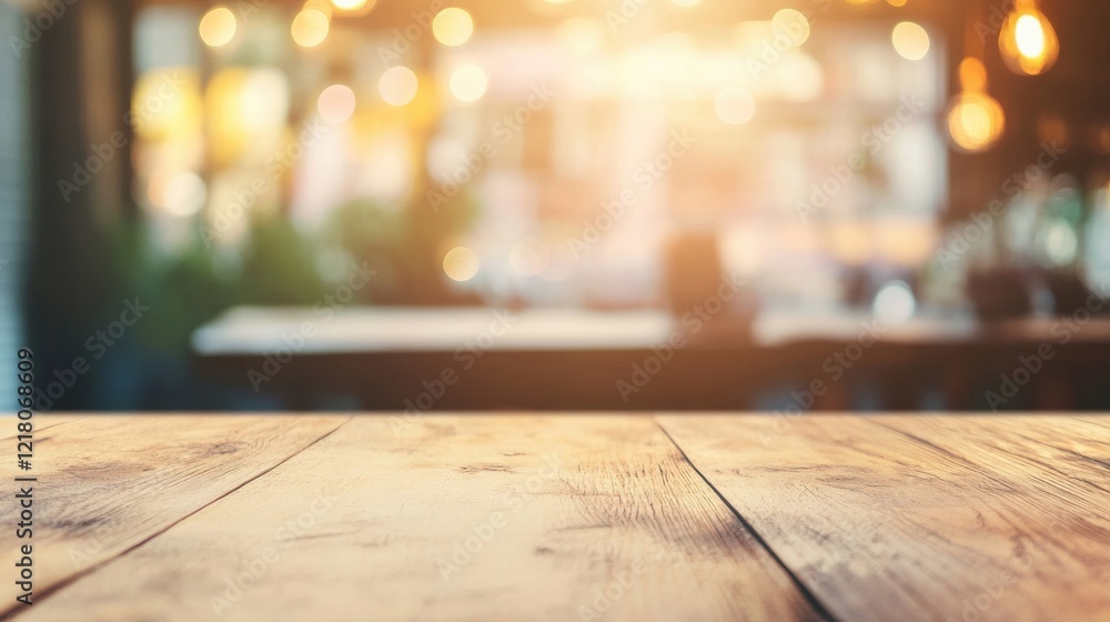 Poster this cozy cafe setting features an empty wooden table illuminated by soft, warm lights, inviting cus