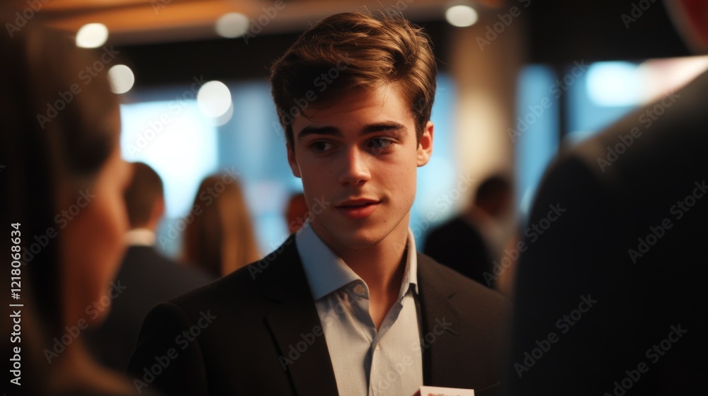 Poster Detailed shot of a young businessman at a networking event, engaging in conversation and exchanging business cards, reflecting a dynamic professional interaction.