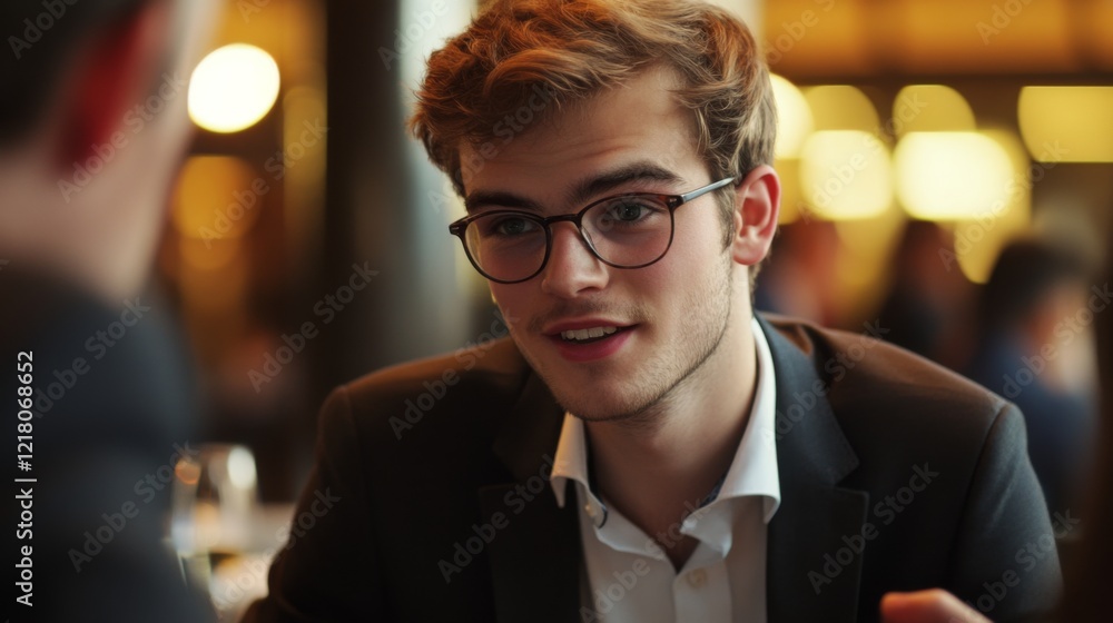 Aufkleber detailed shot of a young businessman at a networking event, engaging in conversation and exchanging 