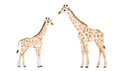Naklejka premium Two adorable giraffes, one young and one adult, standing together in a serene, white background