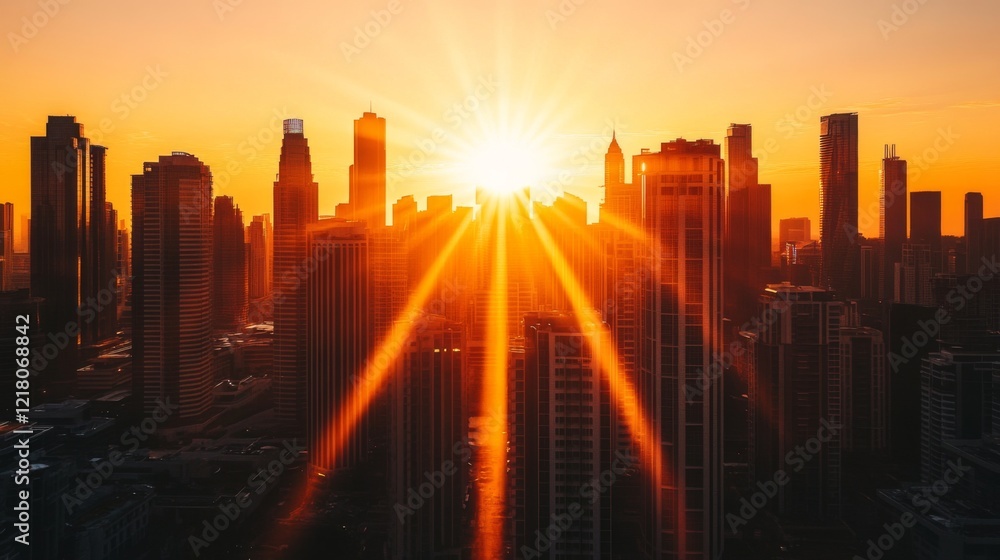 Poster Detailed shot of the sun setting behind a cluster of high-rise buildings, with the suns rays spilling between the structures and creating a beautiful cityscape.