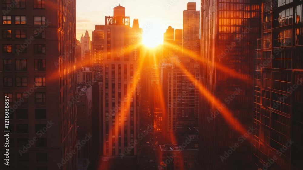 Poster Detailed shot of the sun setting behind a cluster of high-rise buildings, with the suns rays spilling between the structures and creating a beautiful cityscape.