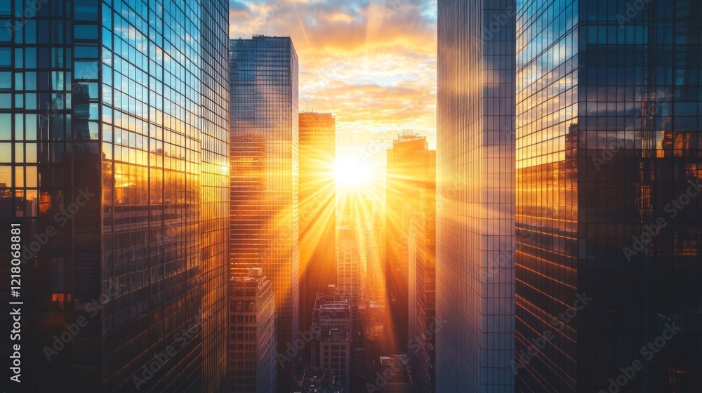 Leinwandbilder detailed shot of the sun setting behind a cluster of high-rise buildings, with the suns rays spillin