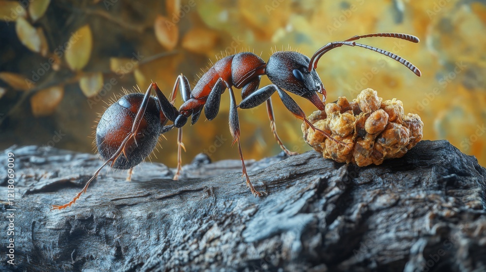 Aufkleber detailed view of an ant carrying food back to its nest, emphasizing its strong mandibles and the tex