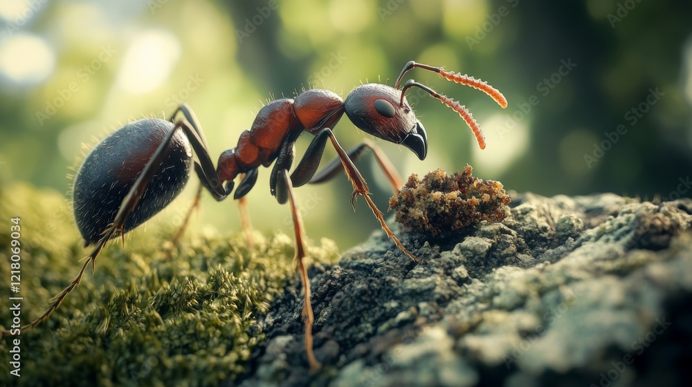 Poster detailed view of an ant carrying food back to its nest, emphasizing its strong mandibles and the tex