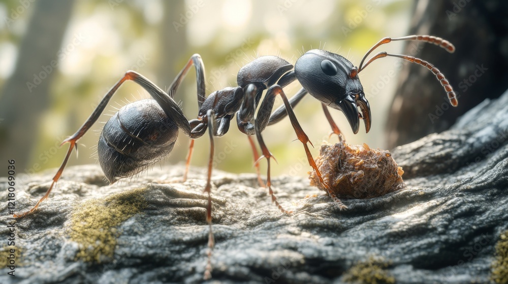 Poster detailed view of an ant carrying food back to its nest, emphasizing its strong mandibles and the tex