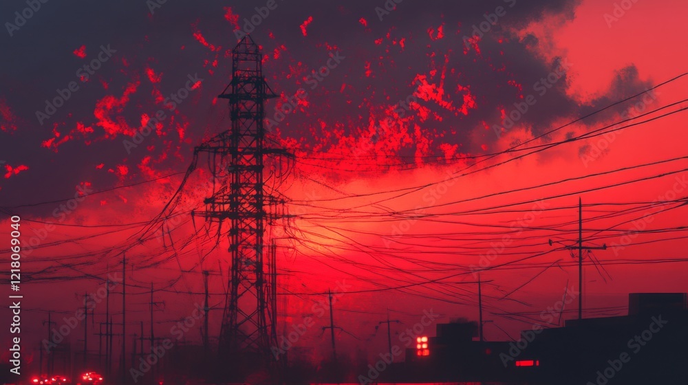 Poster detailed view of an electricity transmission tower at dusk, with power lines illuminated by the sett