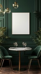 Blank canvas mockup stands elegantly in a refined dining room with green accents