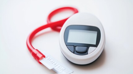 A high-resolution close-up of a medical device for measuring blood glucose levels, showing the device’s display and test strip, against a white background