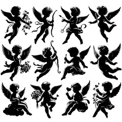 set of silhouettes of cupid, set of cherub isolated on white.