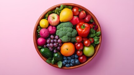 Colorful Fresh Fruits And Vegetables In A Wooden Bowl On Pink Background, Healthy Eating Concept