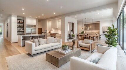 Elegant minimalist home interior with clean lines, neutral colors, and modern furnishings, creating a serene and uncluttered living space.