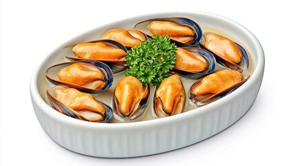 Steamed mussels in white bowl, seafood dish, food photography, studio shot, white background, recipe ingredient