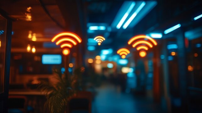 Indoor WiFi network signs in a modern cafe or restaurant at night. Blurry background with neon lights.