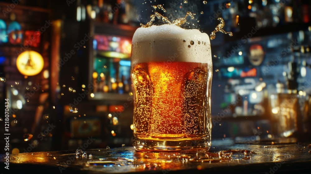 Poster high-definition shot of a glass of beer with a frothy head and a few bubbles rising, captured agains