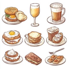 Breakfast food illustrations egg sandwich, beer, coffee, toast, pastries.  Use menu, cookbook, website
