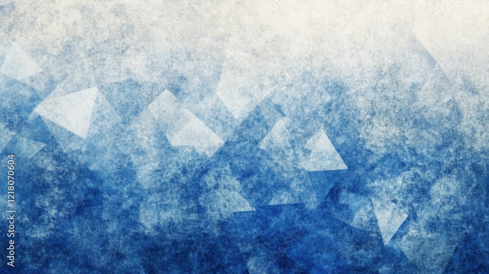 Poster geometric shapes in various hues of blue overlap to form a textured background, creating a calming a