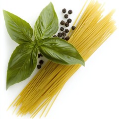 Spaghetti, basil, peppercorns; cooking ingredients; white background; food photography; recipe illustration