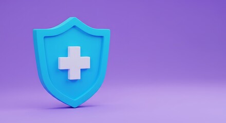 Fototapeta premium 3d Shield with a cross icon symbol on isolated purple background. Protection of health from diseases . Healthcare security insurance medical concept. 3d Minimal insurance blue shield icon. 3d render