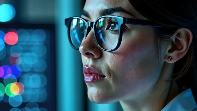 AI engineering. A female engineer, uses artificial intelligence, and her head is visible in close-up. A woman with glasses. The glasses reflect bright multicolored stripes and dots like in a mirror.