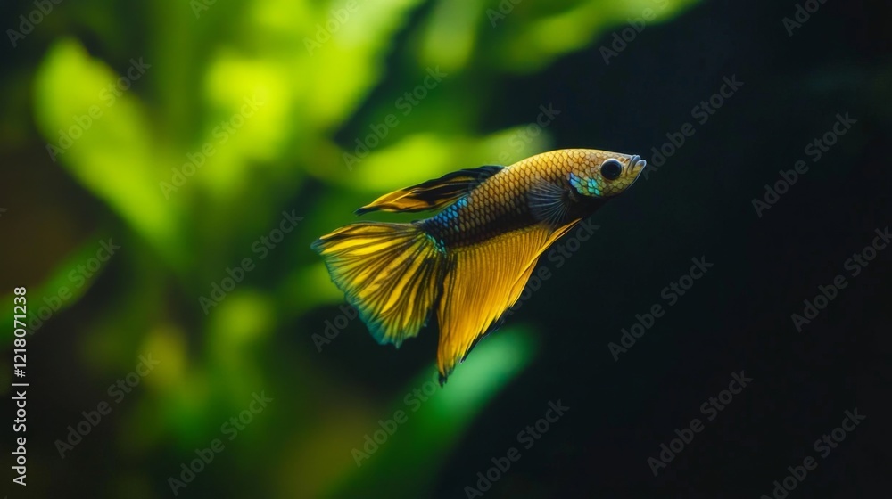 Poster high-resolution close-up of a betta fish with a striking color contrast against a minimalist, dark-c