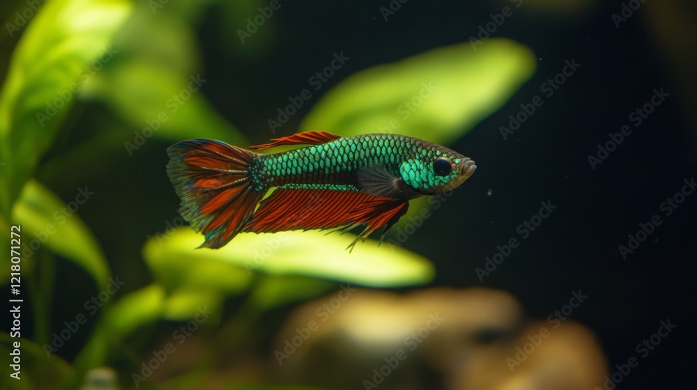 Poster high-resolution close-up of a betta fish with a striking color contrast against a minimalist, dark-c