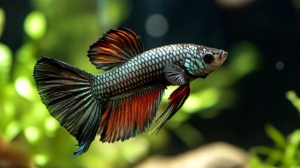 Fototapeta premium High-resolution close-up of a Betta fish with a striking color contrast against a minimalist, dark-colored aquarium background that highlights its beauty.