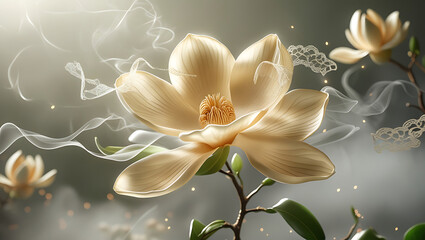 golden magnolia flower on foggy background, created by generative ai