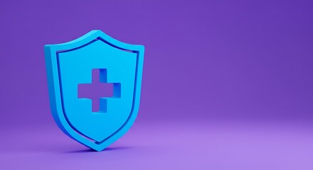 Obraz premium 3d Shield with a cross icon symbol on isolated purple background. Protection of health from diseases . Healthcare security insurance medical concept. 3d Minimal insurance blue shield icon. 3d render
