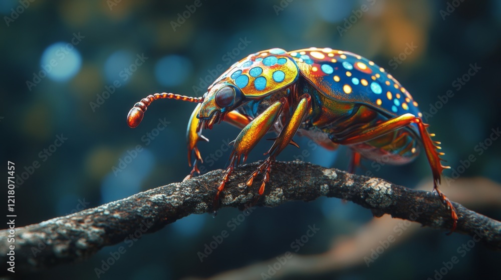 Poster High-resolution close-up of a colorful beetle on a branch, highlighting its vivid patterns and glossy exoskeleton against a contrasting background.