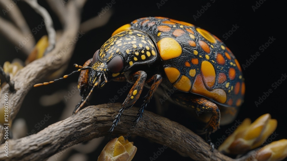Poster High-resolution close-up of a colorful beetle on a branch, highlighting its vivid patterns and glossy exoskeleton against a contrasting background.