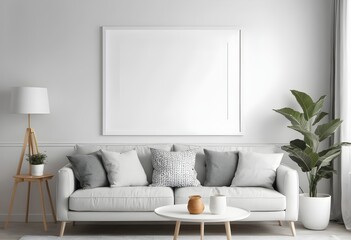 Mockup frame poster Galery in living room, Modern Style, interior background, Wall Mockup Frame Poster Galery furniture white