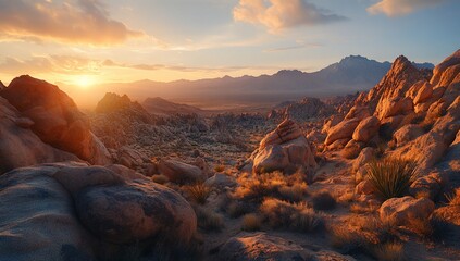 Dramatic sunset over desert landscape with rock formations.