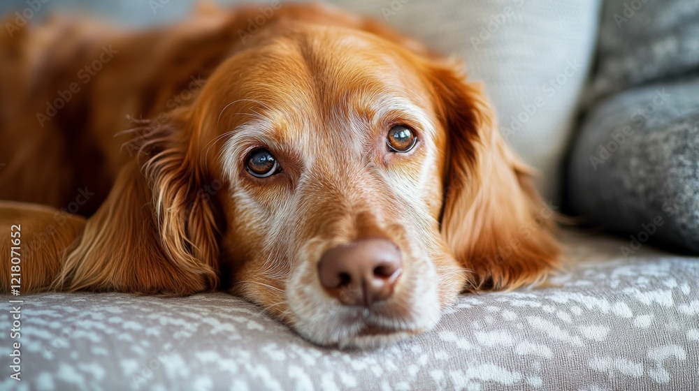 Poster high-resolution close-up of a dog with a sweet, gentle face, featuring its unique fur pattern and pl