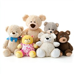 Six teddy bears, playful group, studio shot, white background, children's toy, product photography